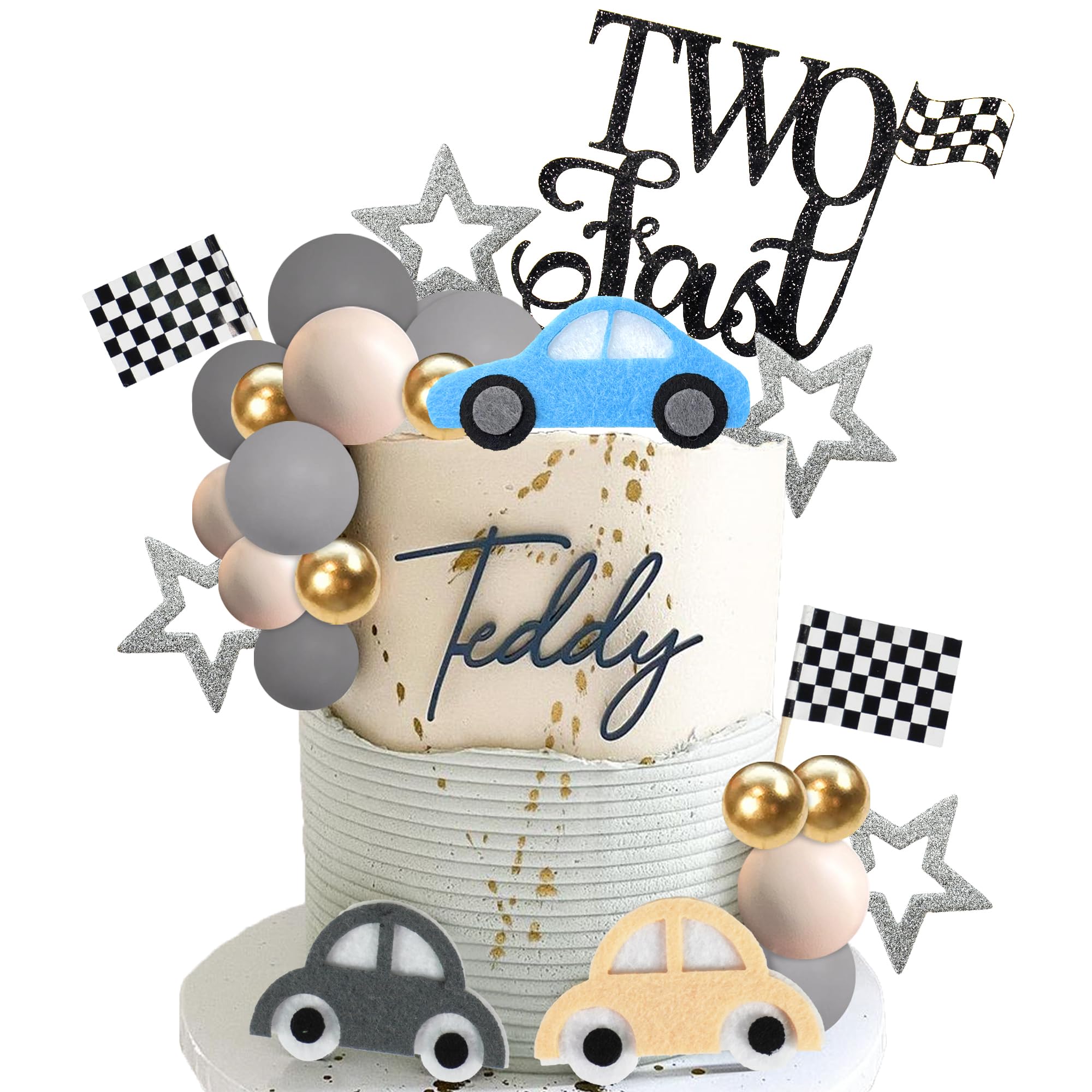 Photo 1 of 27 PCS Two Fast Cake Toppers Race Car 2nd Birthday Cake Decorations for Racing Car Checkered Flag Birthday Anniversary Party Decorations Supplies (01)