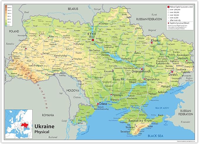 Physische Karte der Ukraine, Papier, laminiert, A1, 59,4 x 84,1 cm