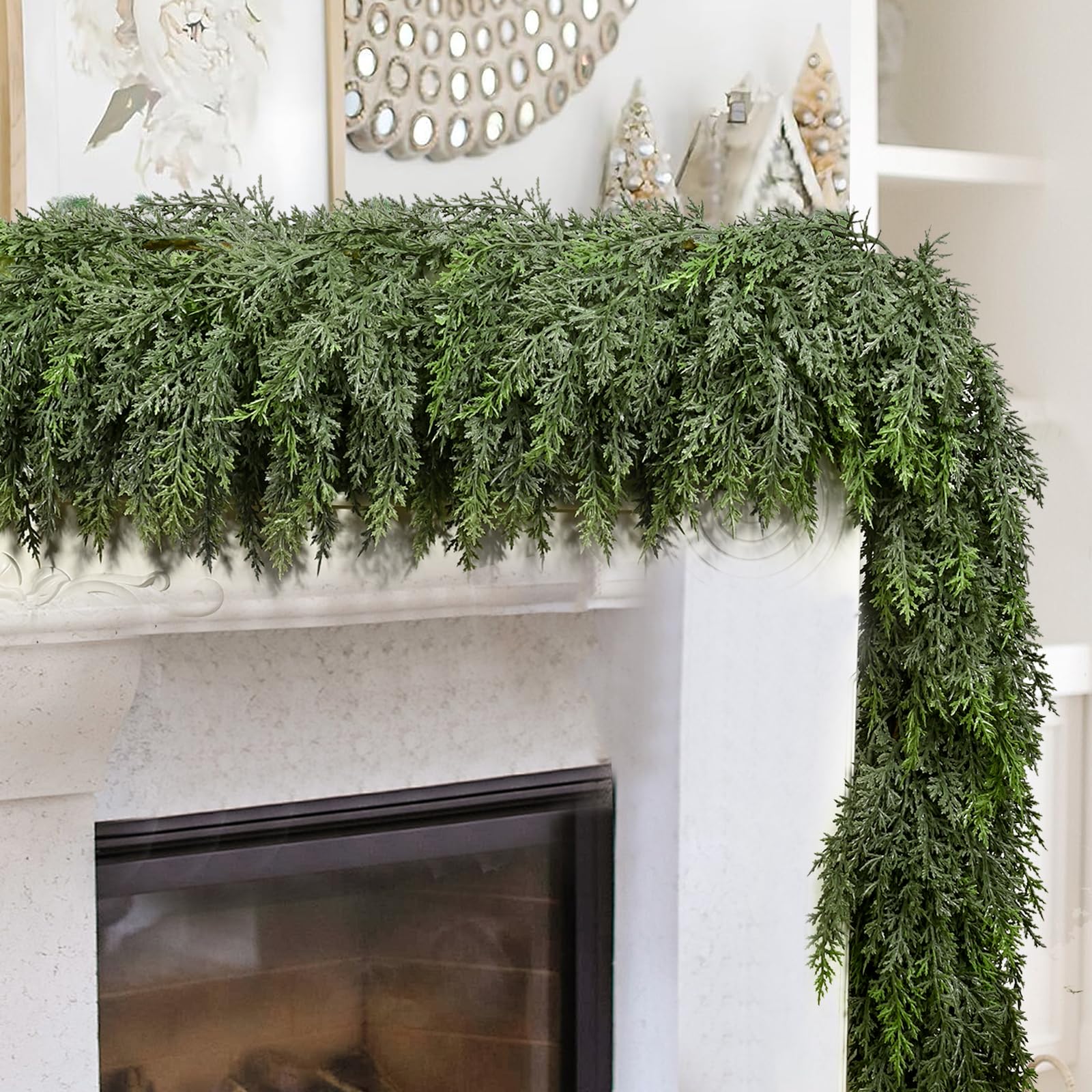 Photo 1 of 6FT Thick Christmas Garlands with 168 Cedar Branches, Real Touch Green Cedar Garland for Christmas Decorations, Artificial Greenery Garland for Table, Mantle, Wall, Indoor, Outdoor Holiday Décor