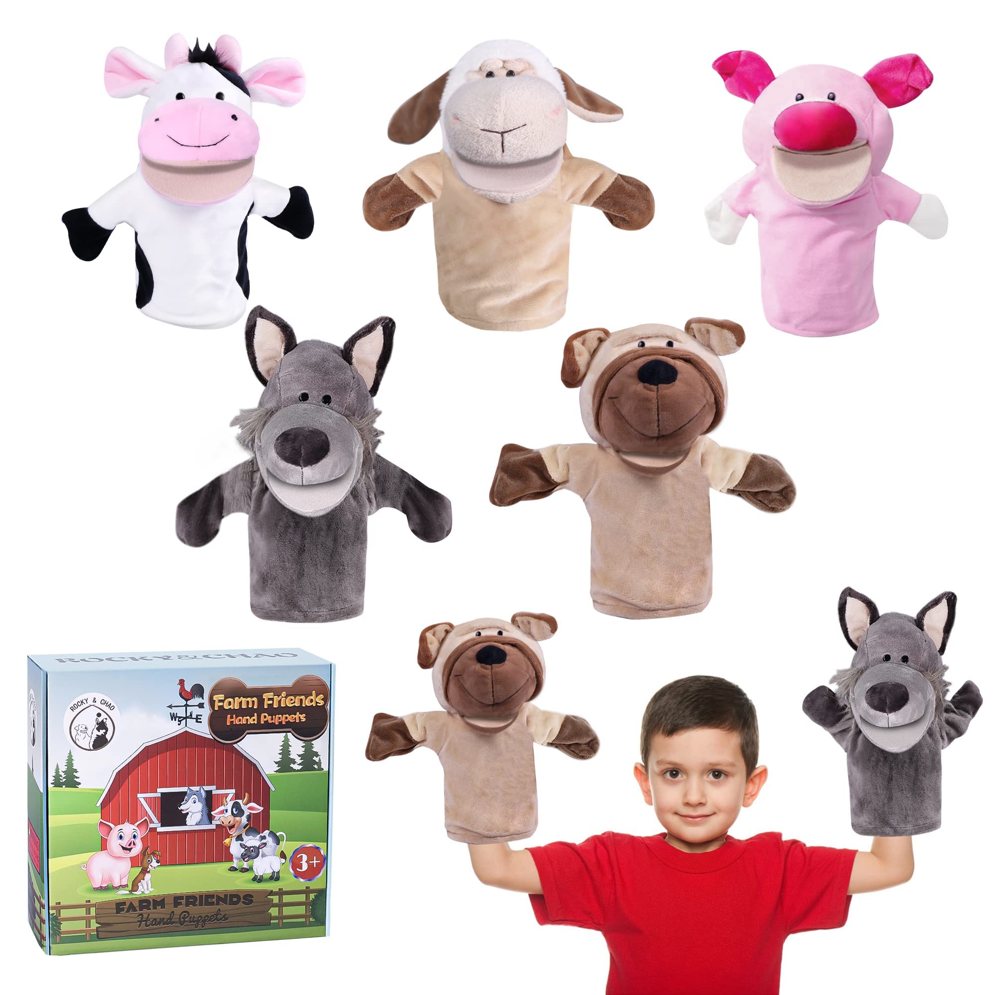 Animal Hand Puppets Gift Box Farm Theme Puppets Toys Set Puppet Theatre with Movable Open Mouth Plush Pretend Toys Zoo Friends for Kids Children Role-Play, Preschool, Storytelling
