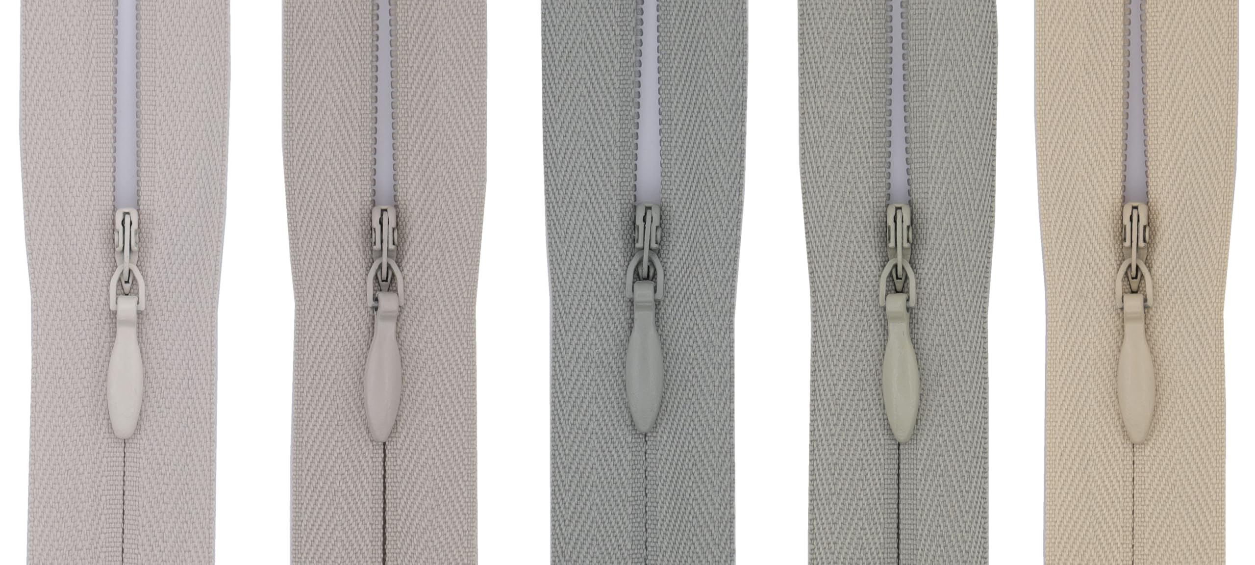 #3 Invisible Zip 22 Inch (56cm) – Pack of 5 Close-End Concealed Zippers, Woven Tape, 5 Different Shades, Smooth Nylon Coil – Dressmaking, Skirts & Cushion Covers (Grey & Beige)