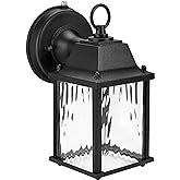 Maxxima LED Porch Lantern Outdoor Wall Light, Black with Clear Water Glass, Photocell Sensor, 650 Lumens, Dusk to Dawn Sensor