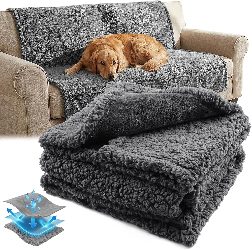Onarway Waterproof Dog Blanket Large 100x145cm Grey Fleece Bed Sofa Car
