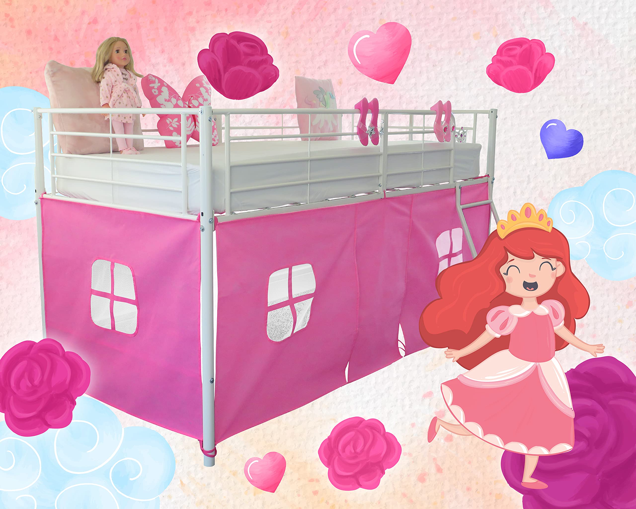 HedgehogEmporium Tent for Midsleeper Cabin Bed Mid sleeper Rose Pink with Windows