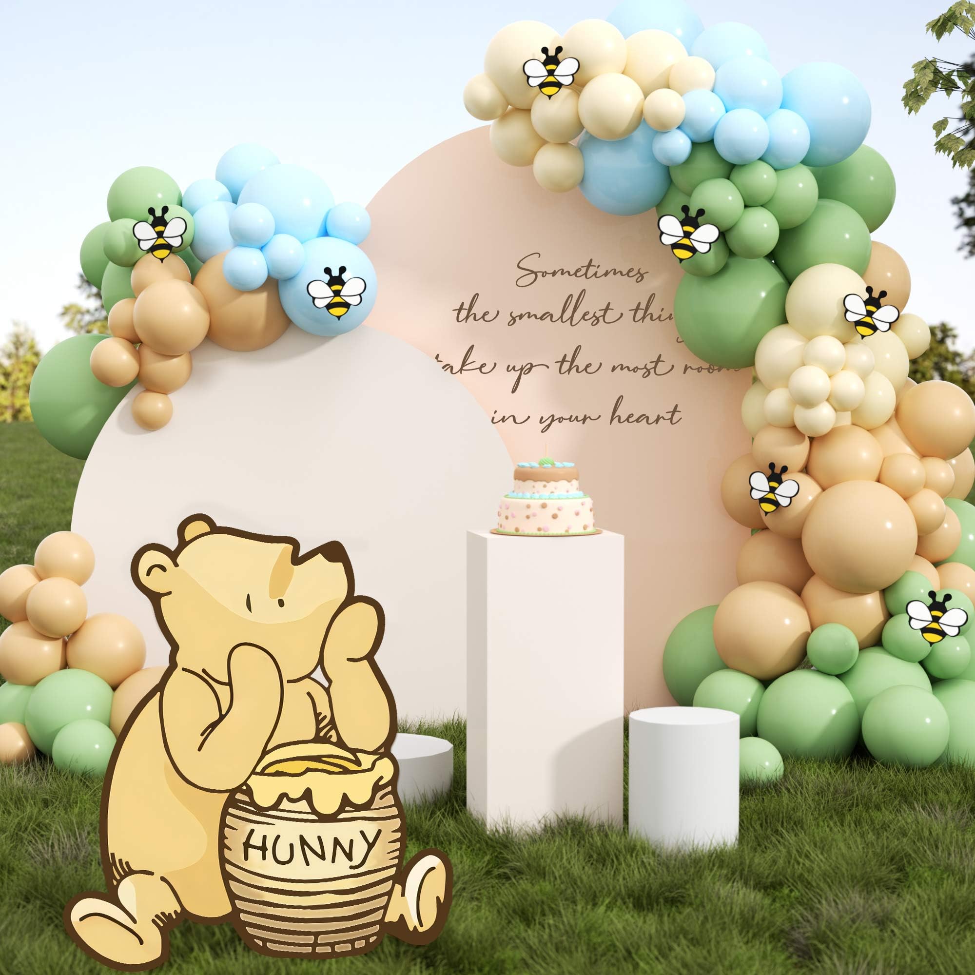 Photo 1 of 121Pcs Classic Winnie Bear Baby Shower Birthday Decorations Cutout Large, Neutral Pooh Bear Coroplast Cutout Prop with Stand Balloons Bee Stickers for Winnie Gender Reveal First Birthday Photo Props