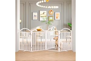 BHG Metal No-Assembly Freestanding Dog Gate with Door Walk Through, Extra Wide 96", Extra Tall 32" Pet Gate, Accordion Puppy Folding Playpen Dog Fence for Indoor & Outdoor, with 2PCS Support - White