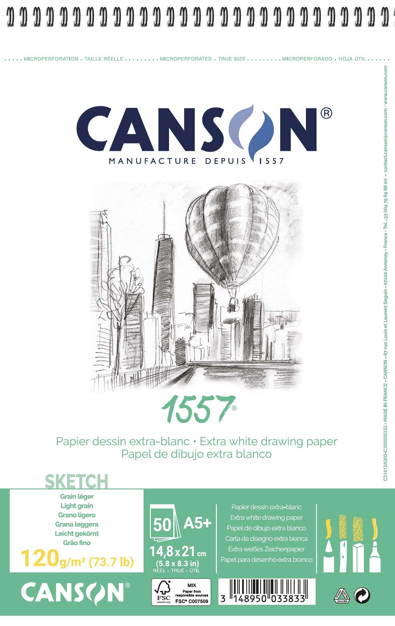 CANSON 1557 Bright White 180gsm A5 Drawing Paper, Light Grain, 30 Sheets, for Professional Artists & Illustrators
