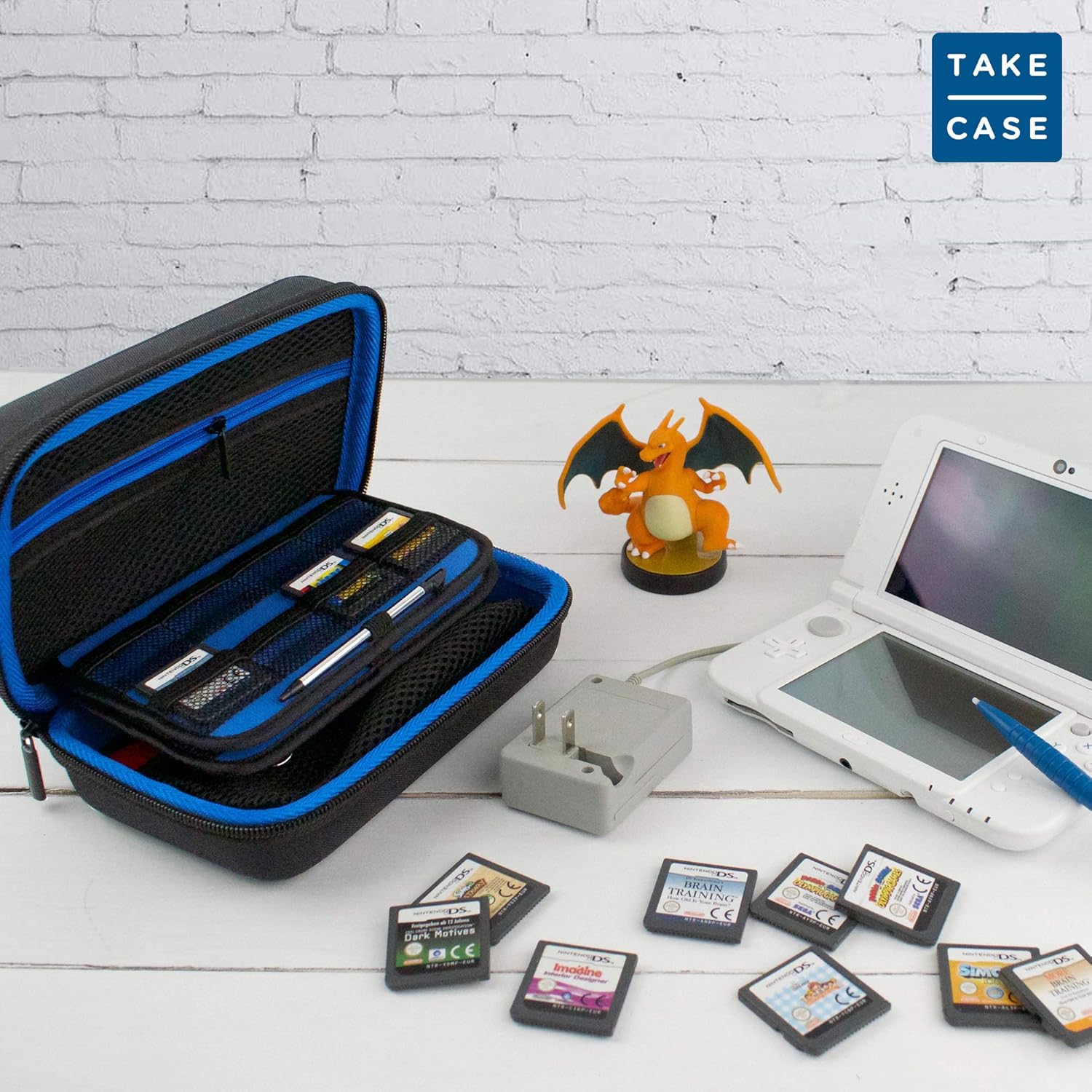 TAKECASE Hard Shell Carrying Case - Compatible with Nintendo 3DS XL and 2DS XL - Fits 16 Game Cards and Wall Charger - Includes Removable Accessories Pouch and Extra Large Stylus Dark Blue: Electronics