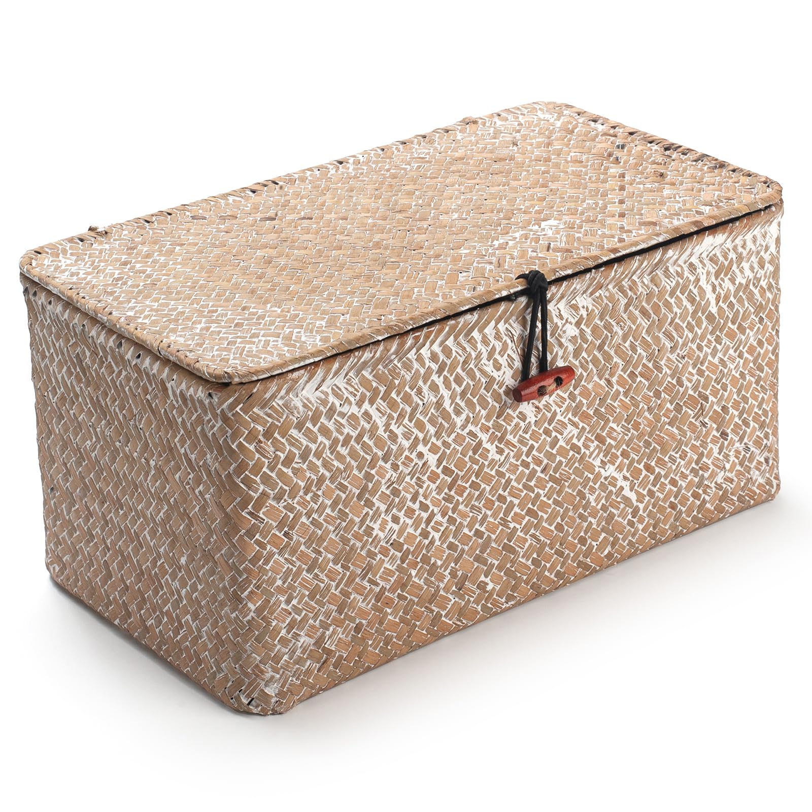 Seagrass Storage Baskets with Lid Natural Rattan Woven Rectangular Organizer Box (Whitewash Medium 30cmx18cmx15cm H)