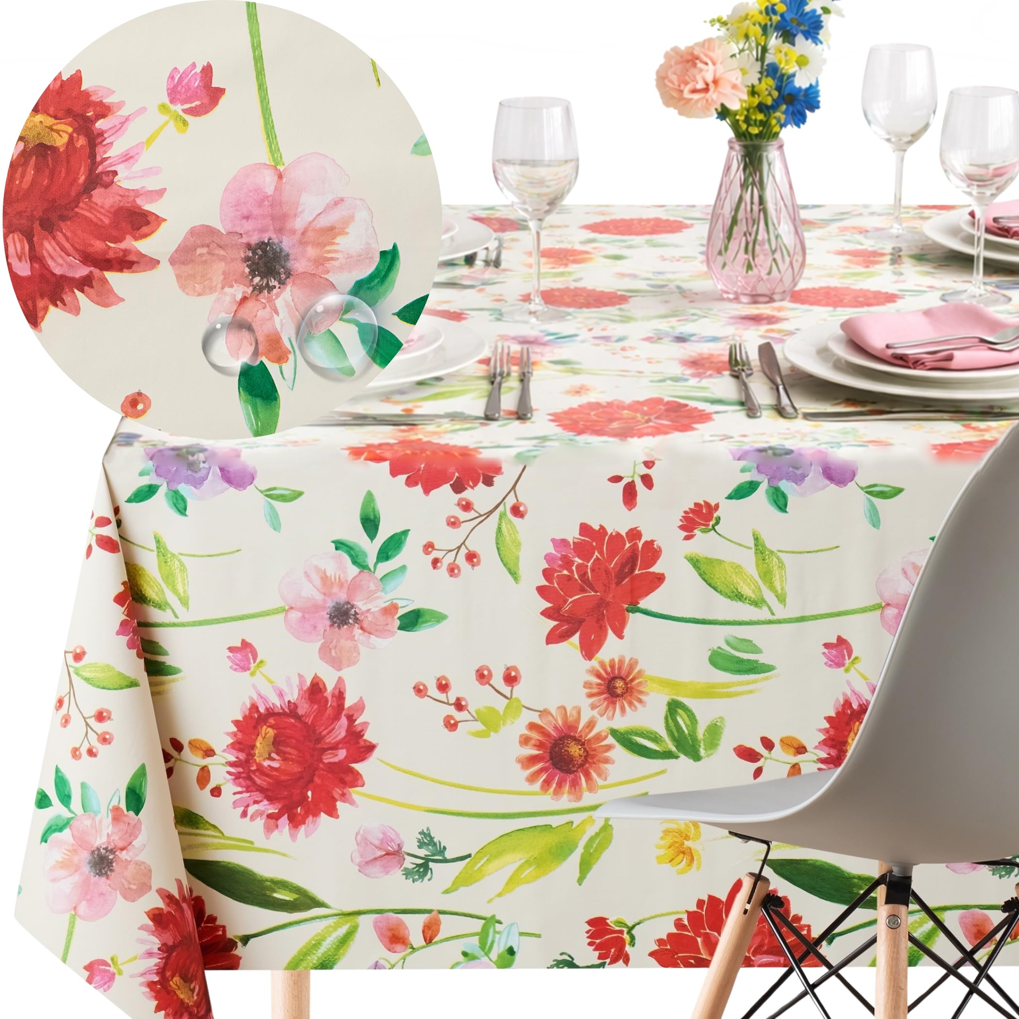 KP HOME Wipe Clean Tablecloth - Rectangular 78x55in | 200x140 cm Blooming Floral Meadow PVC Table Cloth Plastic Table Cover Wipeable and Waterproof in Beige With Large Flowers Oilcloth Outdoor Vinyl
