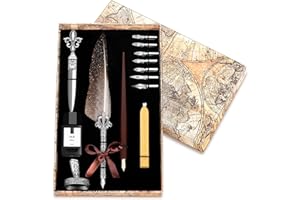NOPOINO Vintage Quill Pen Ink Set,Feather Quill Pens with Wooden Calligraphy Pen, Including 7 Different Sizes of Nib, Calligraphy Pen Set Gift & Women and Man(Grey)
