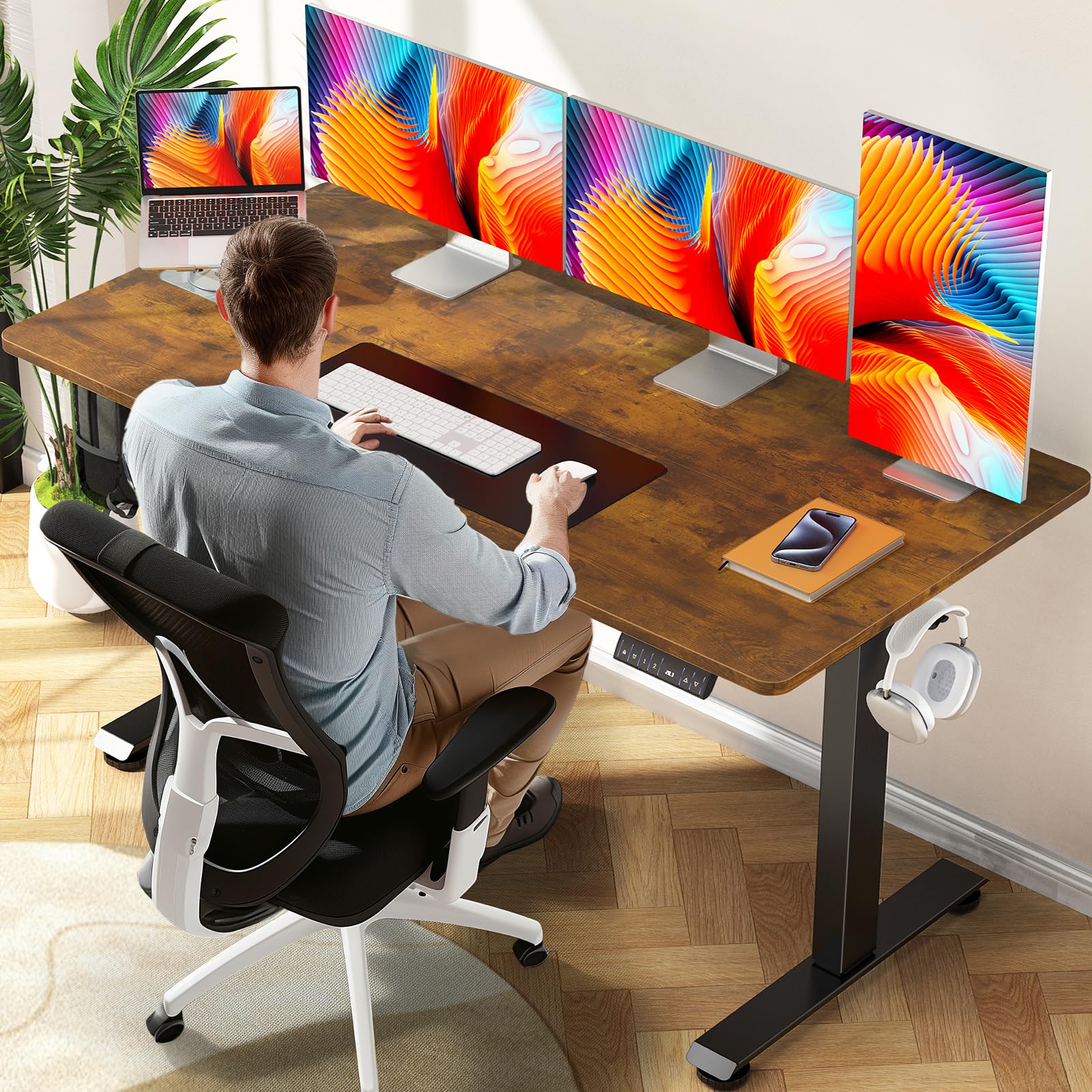 Veken 55 Inch, Height Adjustable Sit Stand Up, Wood Desktop, Work Home Office Computer PC Table, Tall Standup Workstation, Gaming Writing Study Bedroom Rising Desks, Brown