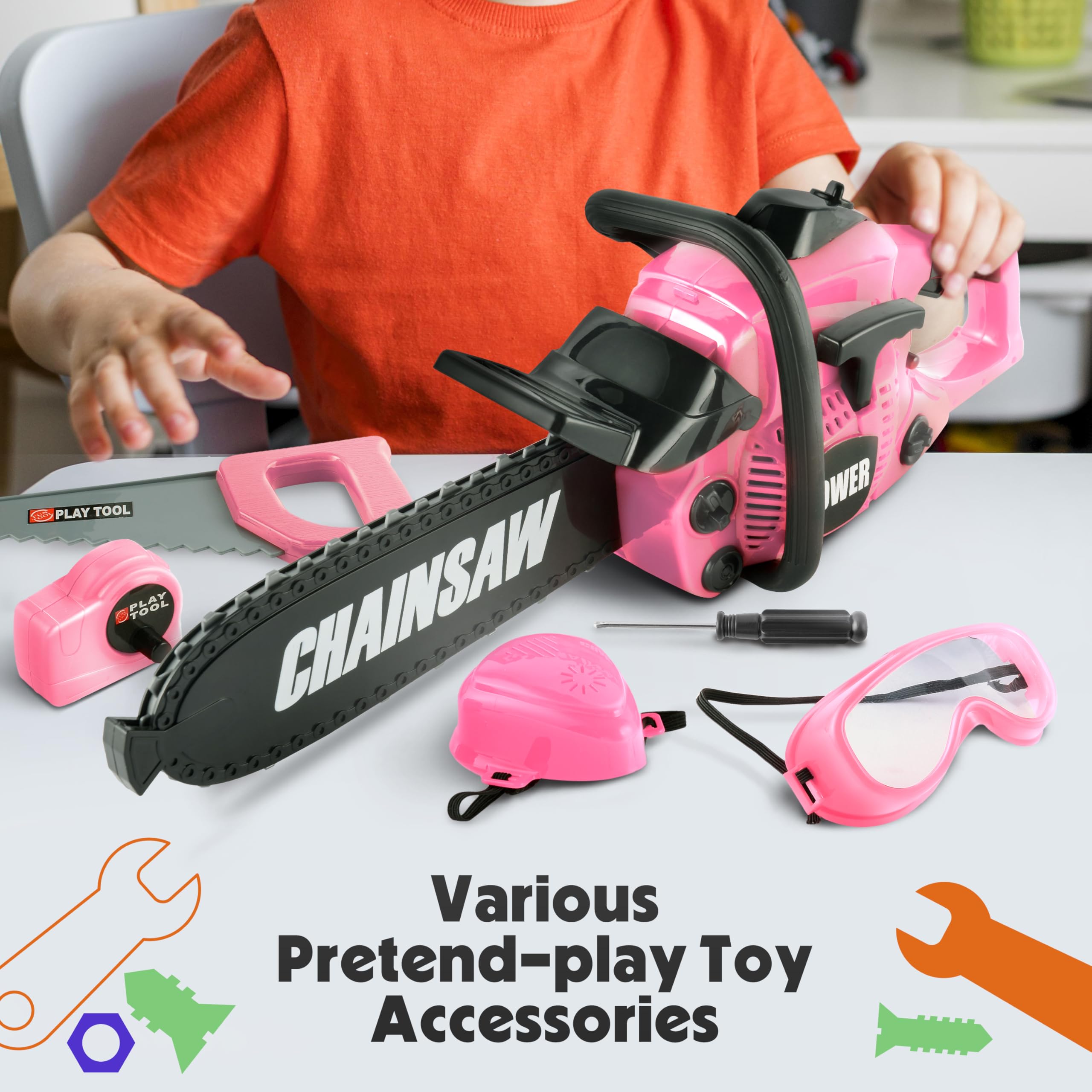 Toy Choi's Kids Toy Chainsaw - Pretend Play Construction Tool Electric Chainsaw Toy for Kids, Toy Tool Set Outdoor Gardening Play, Christmas Gifts Pink Toys for Girls 3-5 +