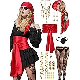 Fourluoo 25 Pcs Women Pirate Costume Accessories Pirate Head Scarf Belt Necklace Hair Jewelry for Braids Eye Mask Pantyhose