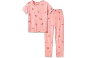 Beezizac Toddler & Little Girls Pajamas Cute Ditsy Floral/Strawberry Fruit Tee & Pants PJ Spring Set Kid Size 2T- 10