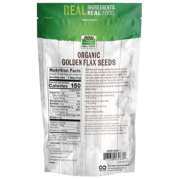 NOW FOODS, ORGANIC GOLDEN FLAX SEEDS, SOURCE OF ESSENTIAL FATTY ACIDS AND FIBER, CERTIFIED NON-GMO, 16-OUNCE (PACKAGING MAY VARY)