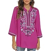 LauraKlein Women's Mexican Embroidered Tops for Women V Neck 3/4 Sleeve Shirts Peasant Casual Loose Summer Tunics Blouse