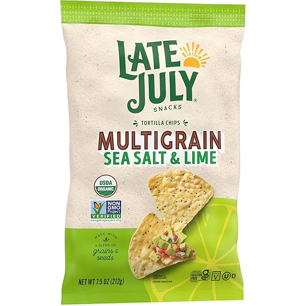 LATE JULY SNACKS, ORGANIC MULTIGRAIN TORTILLA CHIPS, SEA SALT AND LIME, 7.5-OZ. BAG