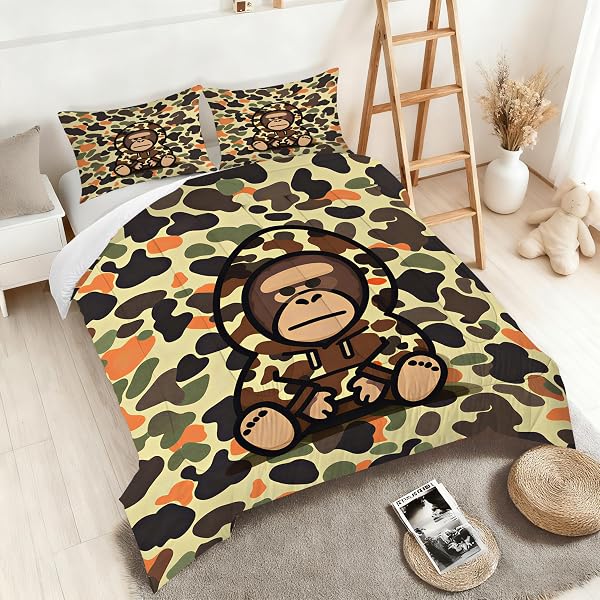 VTKON CAMOUFLAGE BEDDING SET FULL/QUEEN FOR BOYS KIDS TEENS AUDLTS CARTOON GORILLA COMFORTER SET CAMO ARMY GREEN MILITARY BED SET FOR BEDROOM HIP HOP ART QUILT SET WITH 1 COMFORTER + 2 PILLOWCASES