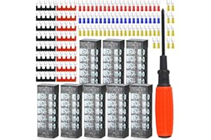 QCQIANG 8pcs Terminal Block, 25A 5 Positions Dual Row Screw Terminal Strip Block with Cover + 70Pcs Insulated Fork Wire Connector + 16Pcs Insulated Terminals Barrier Strip