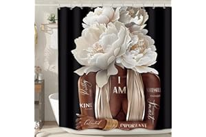 MESHELLY Black Girl Shower Curtain 60Wx72H African American Woman Black and White Peony Floral Quotes Girly Bathroom Curtain Fashion Positive Bath Curtain Fabric Flower Bathroom Decor with 12 Hooks
