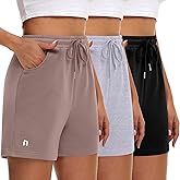Neer 3 Pack Women's Sweat Shorts, Drawstring Running Short with Pockets, Summer Athletic Casual Walking Gym Lounge Short (Black, Coffee, Light Gray,Large)