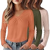 LessonZoo 3 Pack Girl's Long Sleeve Shirts, V Neck Casual Chest Ruched Kids Youth Layering Basic Tee 5-14Y