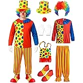 Snirczs 8 Piece Adult Clown Costume Set with Wig, Hat, Nose, Gloves, Shoes, Bag for Halloween Parties