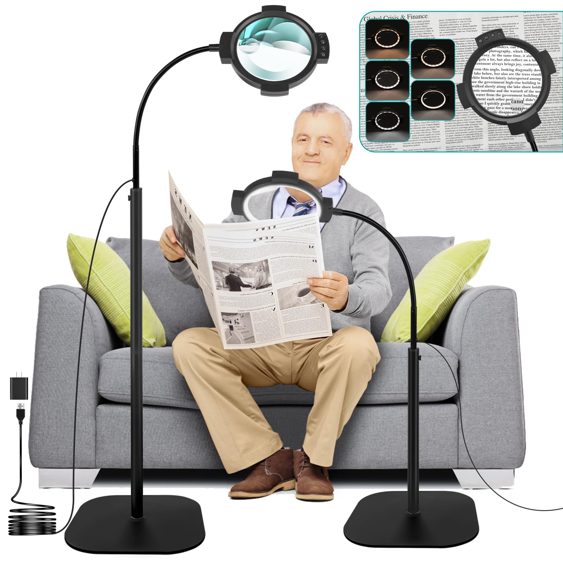 Photo 1 of 10X 30X Floor Magnifying Glass with Light and Stand, 54 LED Large Magnifier for Close Work, 5 Color Modes, Hands Free Magnifying Lamp for Reading, Crafts