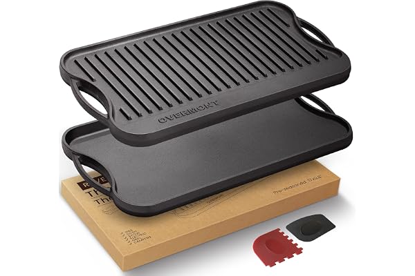Overmont Reversible Grill Pan Cast Iron Pan 17x9.8 Pre-Seasoned Skillet with Handles for Stovetop Open Fire Oven, Scrapers In