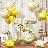 Champagne Gold Number 15 Balloons Set, Light Gold Number 15 15th Balloons, Gold Foil Star Heart Balloon With Long Balloon For 15th Birthday Party Anniversary 1st 5th Baby Shower Anniversary Decor