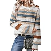 Vivilli Womens Fall Sweaters Color Block Cozy Lantern Long Sleeve Crewneck Knit Crochet Pullover Tops Trendy Clothes