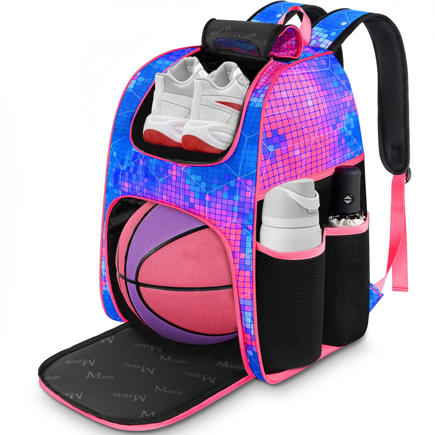 MATEIN Basketball Backpack for Women, 40 L Basketball Bag with Larger Ball & Shoes Compartment, Water Resistant Sturdy Soccer Backpack for Multiple Sports Equipment, Colorful Image