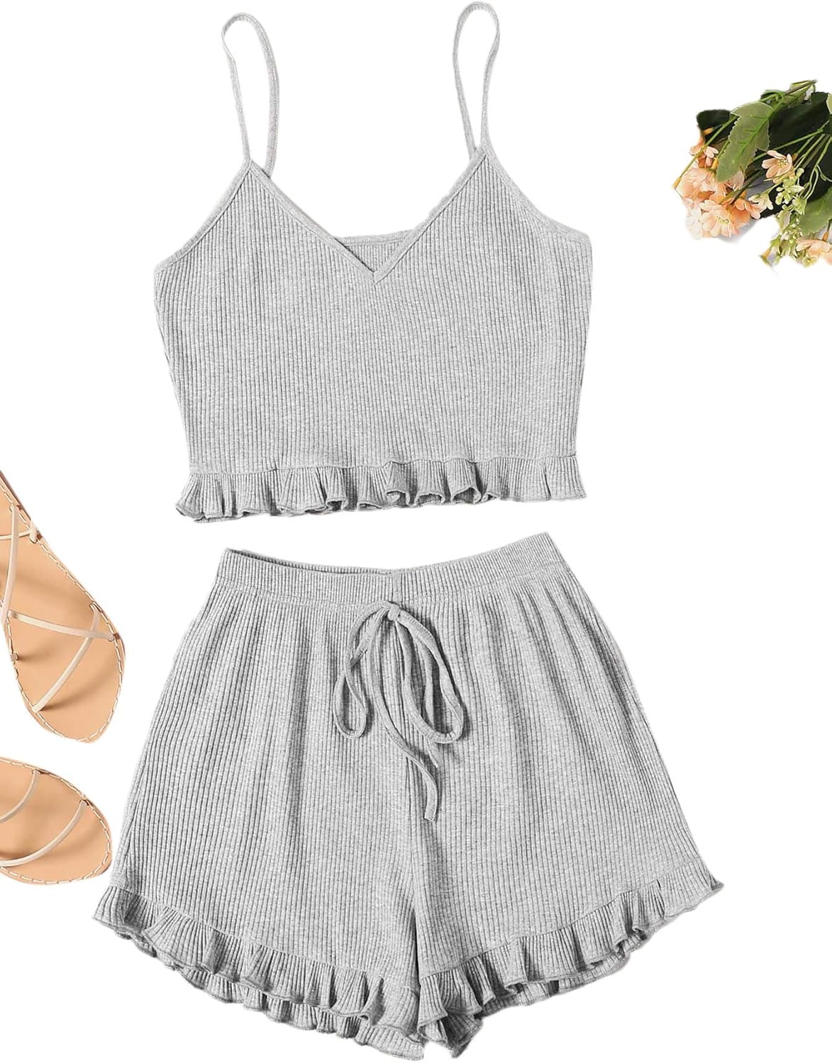 SweatyRocks Women's Suit Two Piece Outfits Sleeveless Crop Cami Top and Shorts Set at  Women’s Clothing store