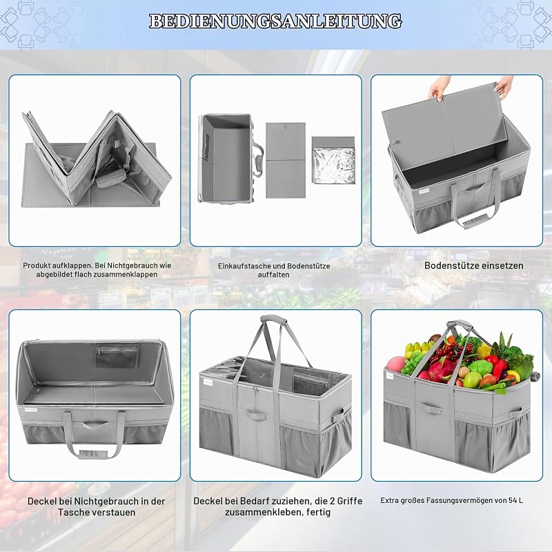 Einkaufstasche 2er Set - Stabile Tragetasche mit Deckel & Taschen, 56x29x33,5cm - Wiederverwendbare faltbare Transporttasche mit Bodenverstärkung für Supermarkt, Lagerung & Camping — Foto 7 von 7