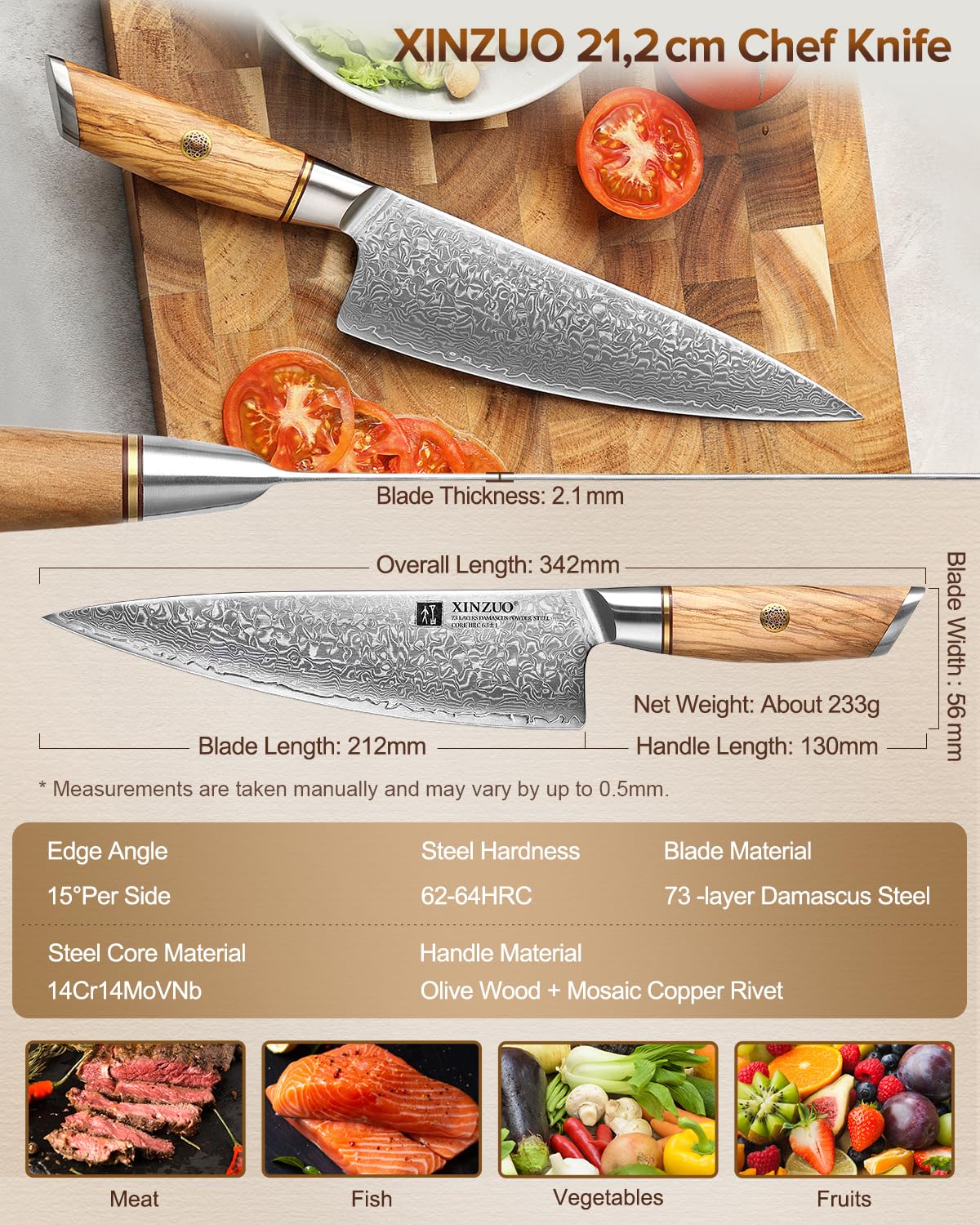 XINZUO 21.2cm Kochmesser 73 Schichten Damastpulverstahl, profi Chefmesser Gyuto-Messer, handgeschmiedet scharfe Klinge Küchenmesser-mit ergonomischer Olivenholz Griff - Lan Series 6