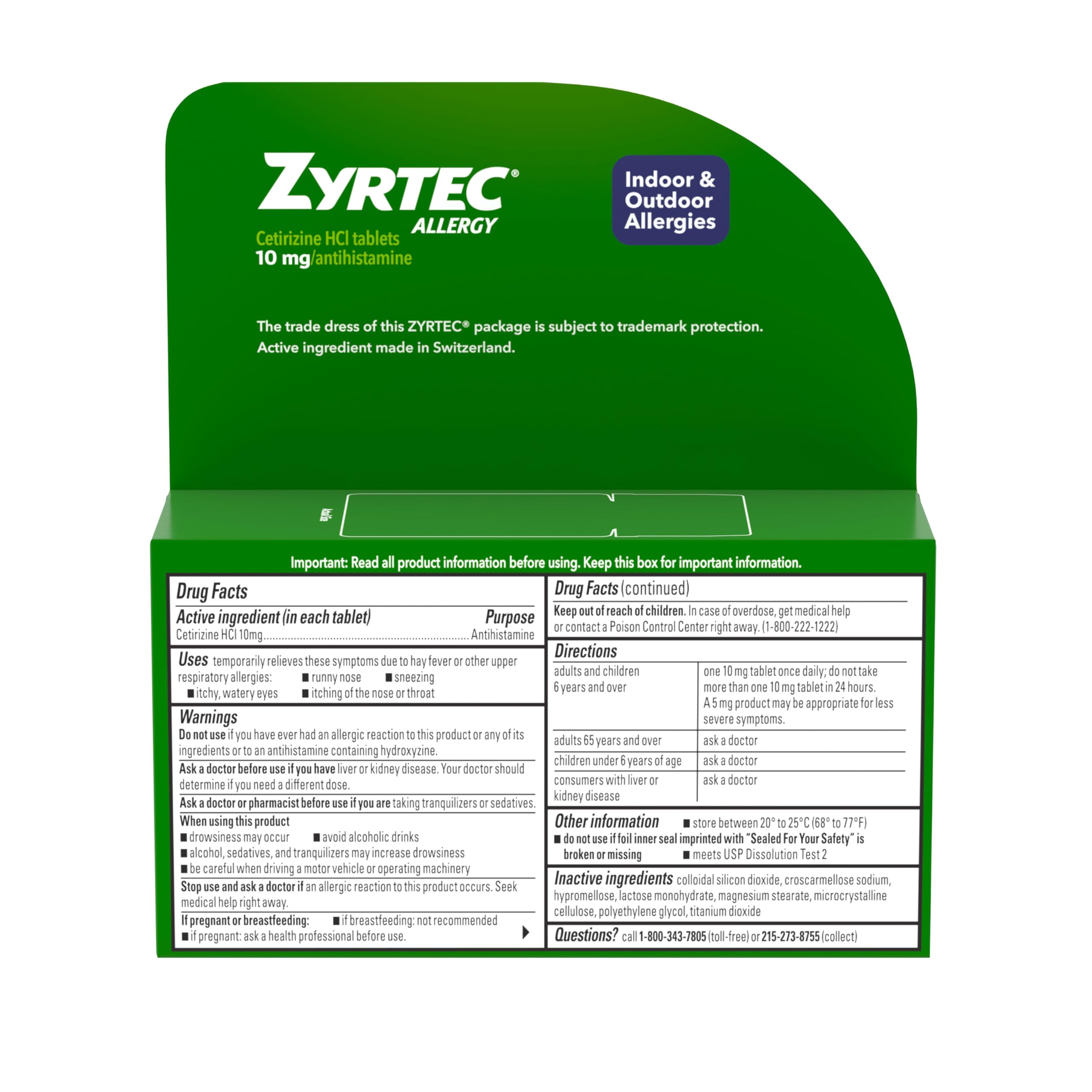 Zyrtec 24 Hour Allergy Relief Tablets, Indoor & Outdoor Allergy Medicine with 10 mg Cetirizine HCl per Antihistamine Tablet, Relief of Allergies, 60 count.