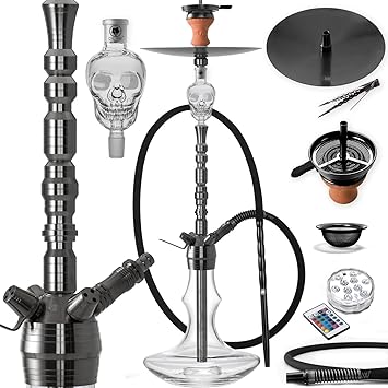 DILAW® Rubin Shisha Edelstahl Anthrazit V2A 93cm Hookah Big Size ?+ LED Licht | Wasserpfeife Kaminkopf Komplettset Molassefän