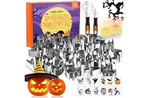 TAVOLOZZA 37 PCS Pumpkin Carving Kit with 21 Cookie Cutters,2 Knives, 2 LED Lights and 12 Luminous Sticker, Safe Reusable Sta