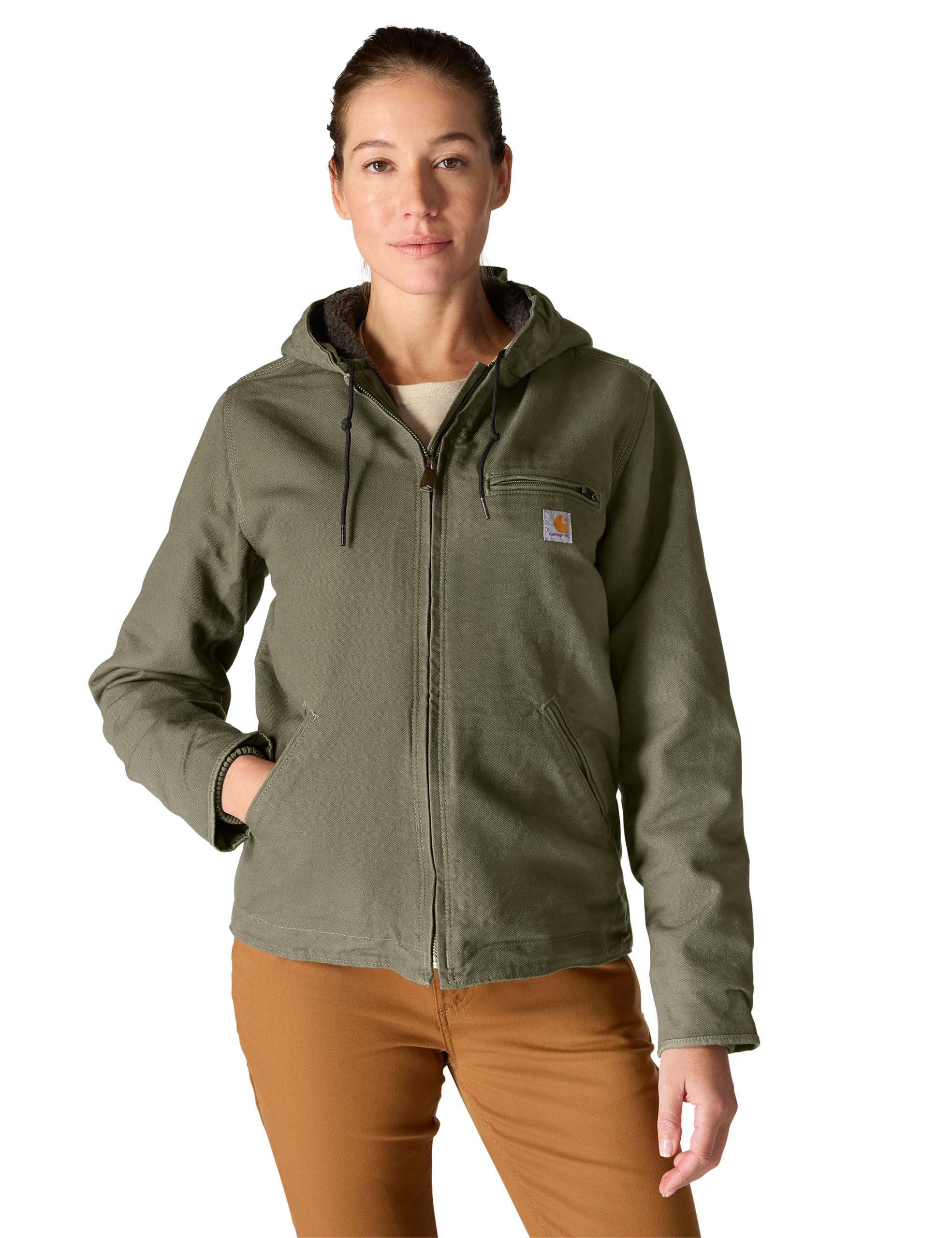 Photo 1 of Carhartt womens Loose Fit Washed Duck Sherpa Lined Jacket Work Utility Outerwear, Basil, Small US