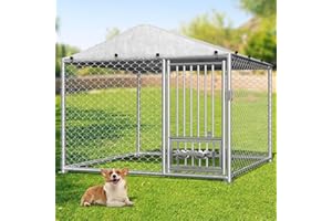 Rovibek Outdoor Dog Kennel with Roof, 6.7 X 6.7 Outside Kennel Heavy Duty Dog Run Fence with Waterproof Sun-Proof Cover, Outside Dog Playpen with 2 Stainless Steel Bowls