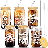 Pinkunn 6 Set Teacher Appreciation Week Gifts for Women Thank You Teacher Practitioner Birthday Gifts Glass Cups 16oz with Lids Straws Brushes, 6 Styles(Classic)
