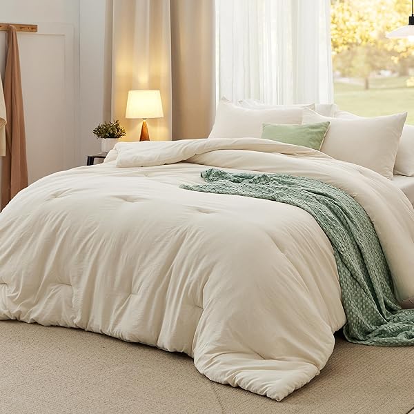 BEDSURE QUEEN COMFORTER SET, CREAM SOFT PREWASHED BEDDING FOR ALL SEASONS, 3 PIECES GENTLESOFT™ BED SET, 1 LIGHTWEIGHT COMFORTER (90″X90″) AND 2 PILLOWCASES (20″X26″)