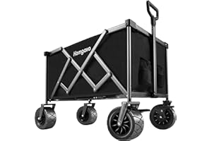 Homgava Foldable Wagon Cart with Big Wheels,Heavy Duty Beach Wagon with Brakes for Sand,Collapsible Folding Wagon Cart for Outdoor Camping Garden Shopping Grocery,Push Pull Utility Wagon,Black