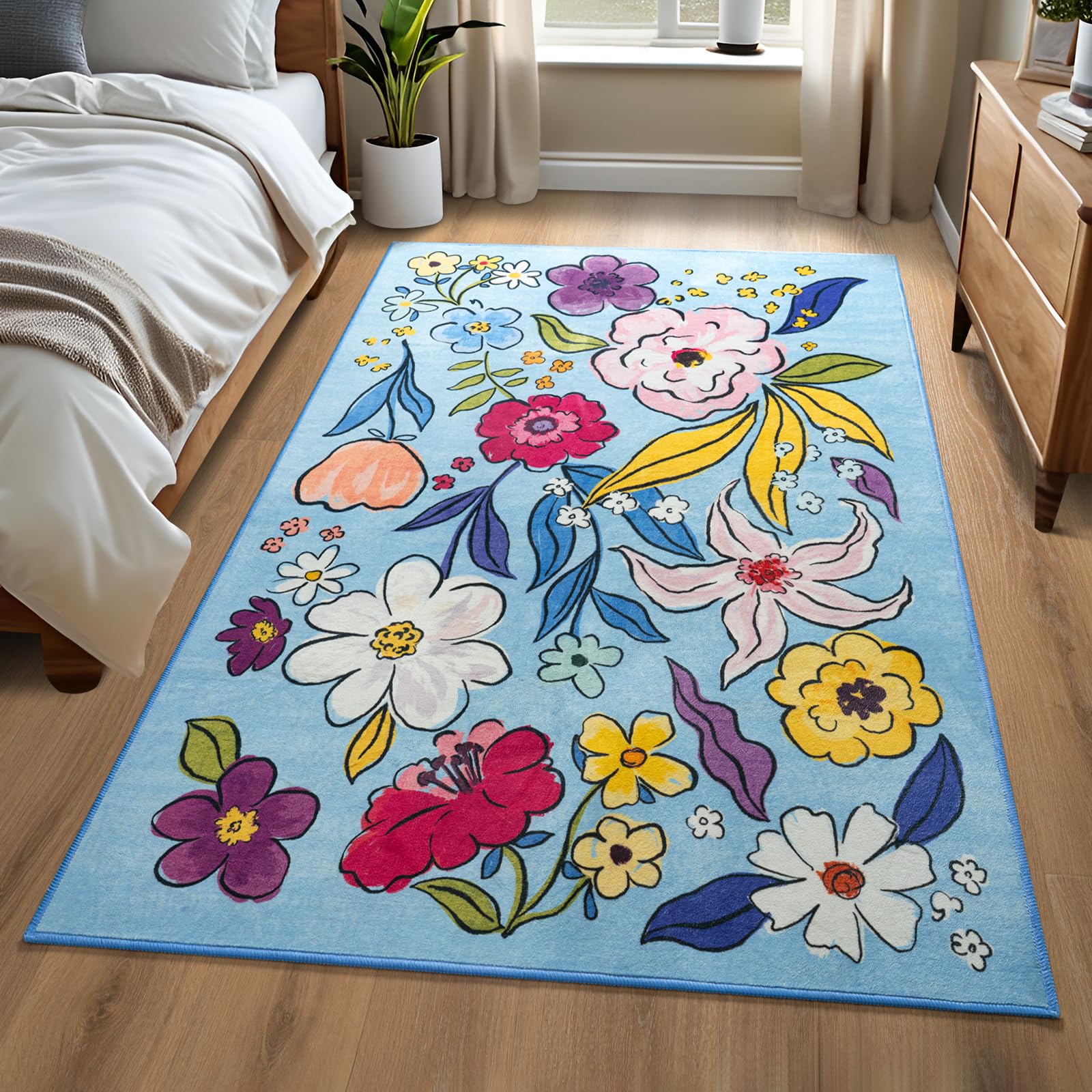 Photo 1 of ST. BRIDGE Floral Area Rug for Bedroom 3x5, Washable Boho Small Rug for Kitchen, Flowers Printed Throw Carpet, Soft Non Slip Low Pile Vintage Rugs for Living Room Office Nursery Room, Blue