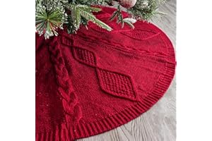 LimBridge Knitted Christmas Tree Skirt: 48 Inches Wine Red Tree Skirt, Diamond Braided Cable Knit Thick Rustic Christmas Tree Decorations, Farmhouse Christmas Decor Xmas Holiday Home Party Decorations