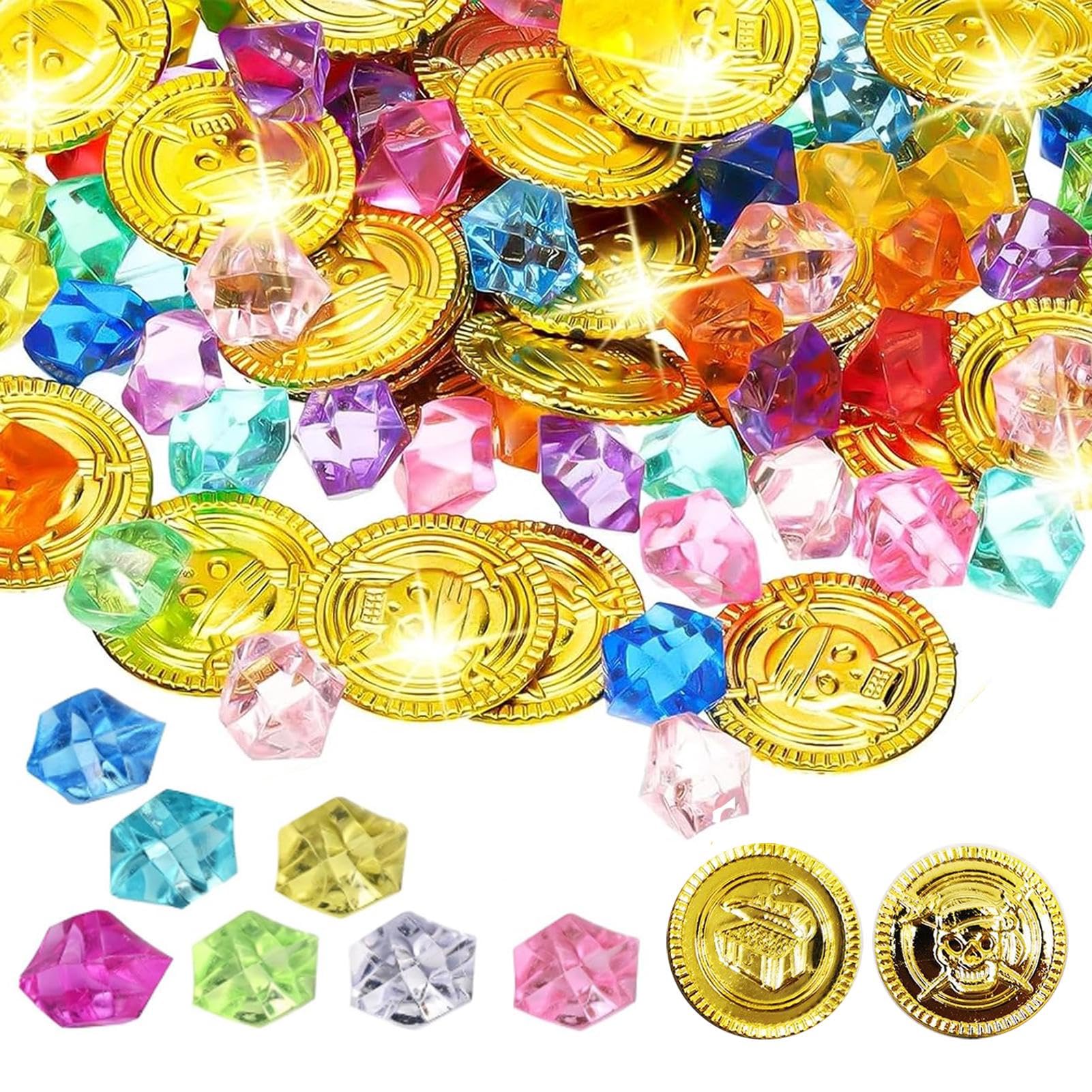 300 pcs Pirate Treasure, Pirate Treasure Coinss and Gems, Plastic Gems Jewels Fake Pirates Gold Coinss Pirates Party Decorations for Birthday Christmas Halloween Themed Party Favors (COLOR:300pcs)