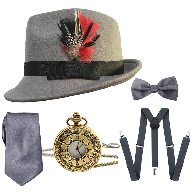 1920s Mens Accessories Pocket Watch, Gloves, Cane, Belt