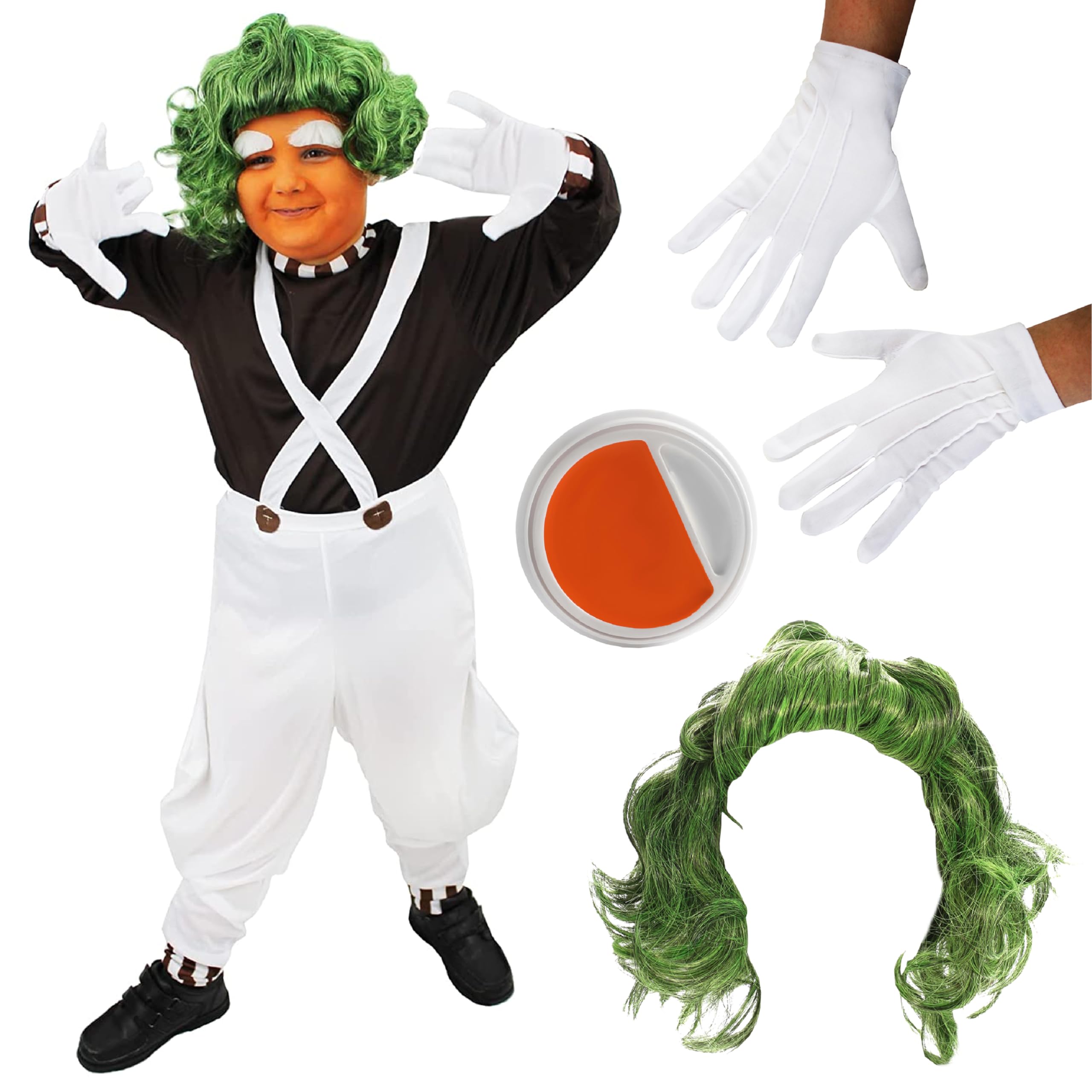 Boys Chocolate Factory Worker - Medium - Brown Top, White Dungarees, Green Wig, White Gloves, Orange Facepaint - Kids World Book Day Book Week Fancy Dress Costume — image 1