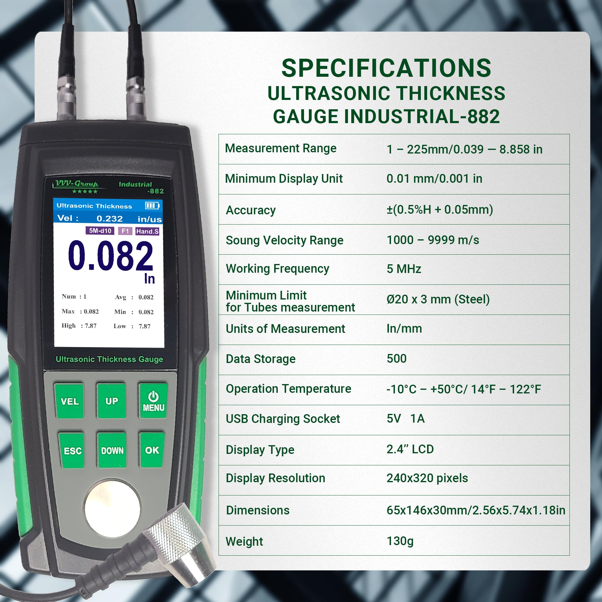 Ultrasonic Thickness Gauge Probe - Automatic Calibration Transducer Tester - Fits GM100